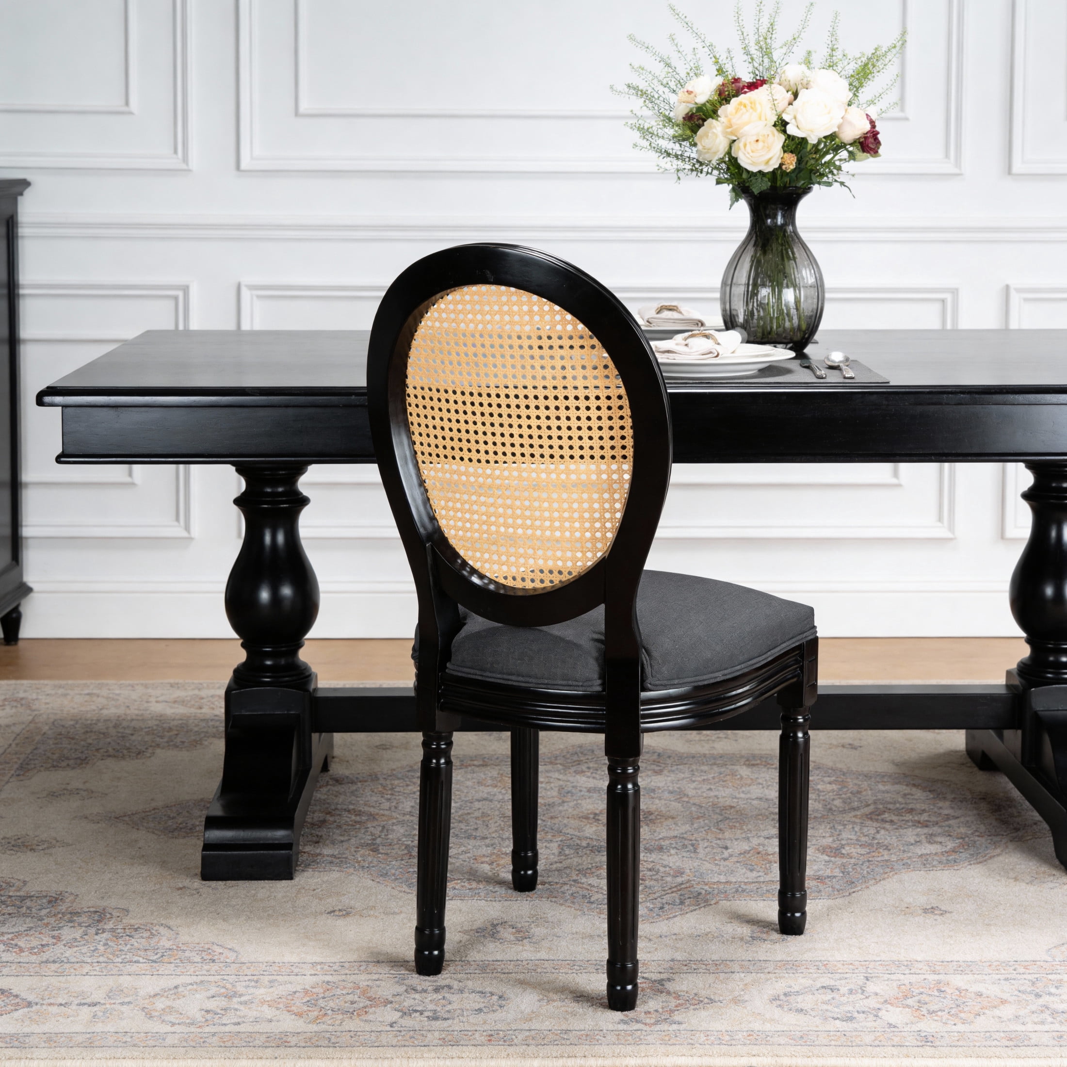Noble House Caldon French Country Upholstered Dining Chairs with Solid Wood Frame and Rattan Back, Dark Gray, Set of 2