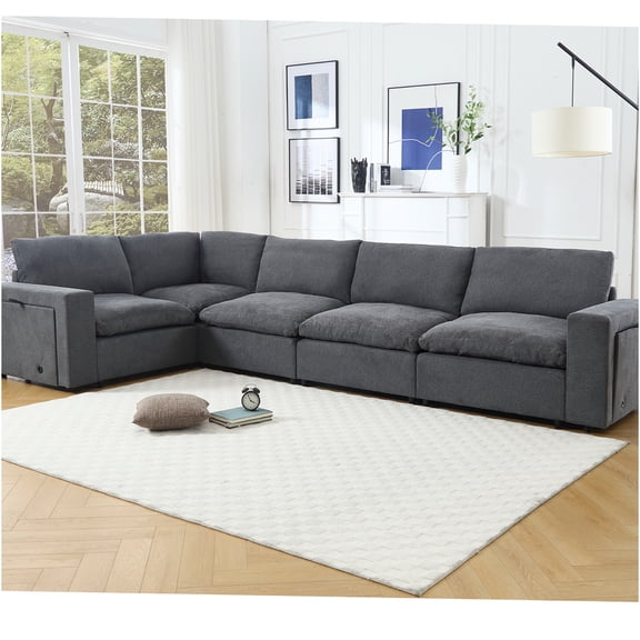 JERFIT Modern 5-Seat Modular Sectional Sofa with Wireless Charging, Cup Holders, Storage & Custom L-Shape Design, Gray Linen Fabric for Living Room