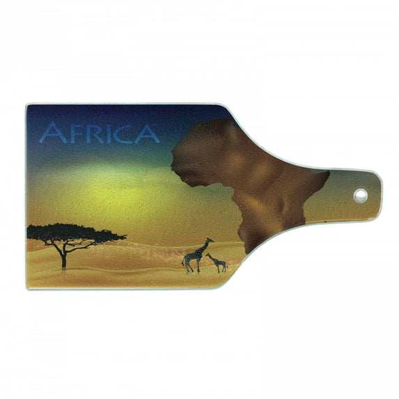Safari Cutting Board, Savanna Giraffes Exotic Tropic Lands Culture Wild Nature Art Illustration, Tempered Glass Cutting and Serving Board, Wine Bottle Shape, Orange Chocolate Blue, by Ambesonne