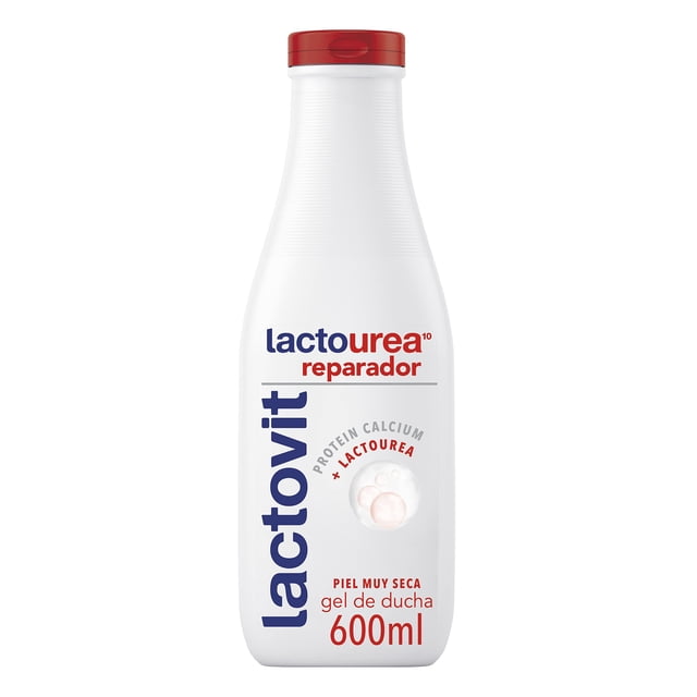 gel hidratante lactovit lacto-urea ultra hidratante 600ml Frasco frontal blanco con tapa roja, gel corporal 600 ml para piel muy seca; etiqueta con marca Lactovit en azul, texto 'lactourea reparador' en rojo y sello 'protein calcium', indicado como gel de ducha y apto para cuidado corporal diario.