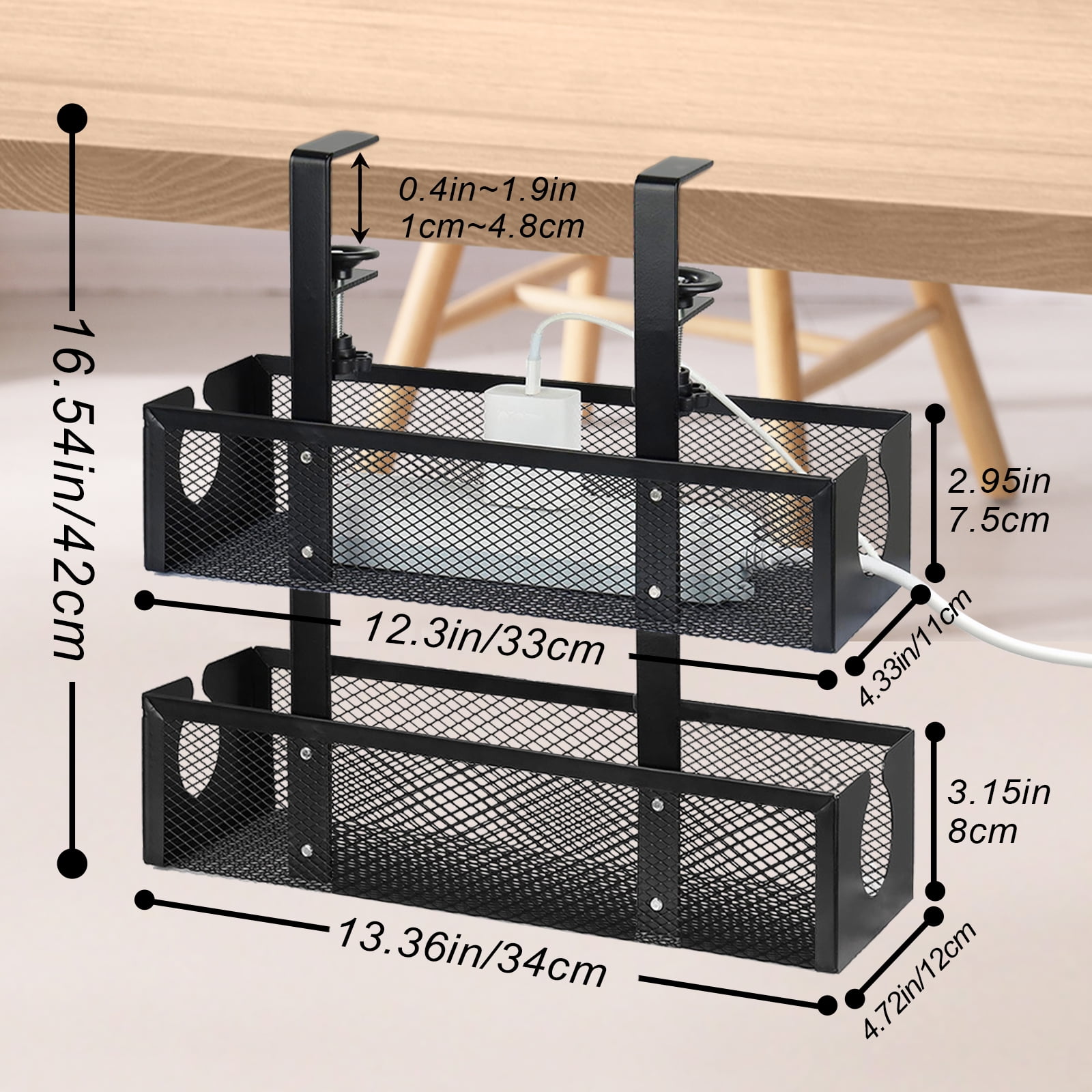 FT Hita 2 Layer Under Desk Cable Management Trays Black No Drill Cable Management Box With Clamp Cord Organizer for Office, Home,Gaming Desk
