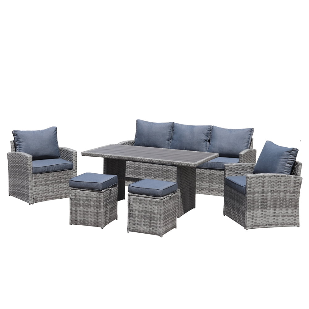 6 Piece Outdoor Patio Furniture Set PE Rattan Dining Table Set 7Person