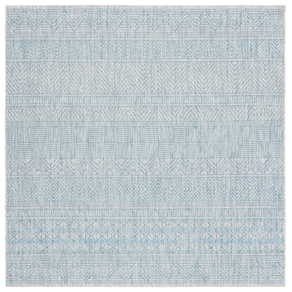 SAFAVIEH Courtyard Altan Geometric Indoor/Outdoor Area Rug, Light Grey/Aqua, 6'7" x 6'7" Square