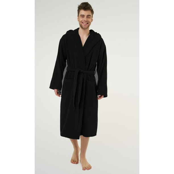 Mens Black Housecoat 100 Cotton Hooded Bathrobe XL