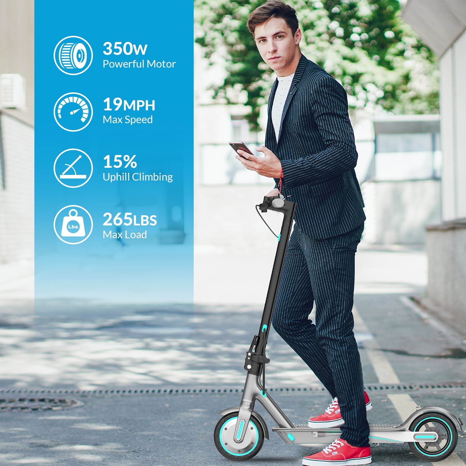 HiQiS 350W Electric Scooter, 18-21 Miles Range, 19 MPH Top Speed, Foldable Commuting E-Scooter with Dual Braking and APP Control for Adults and Teens Blue