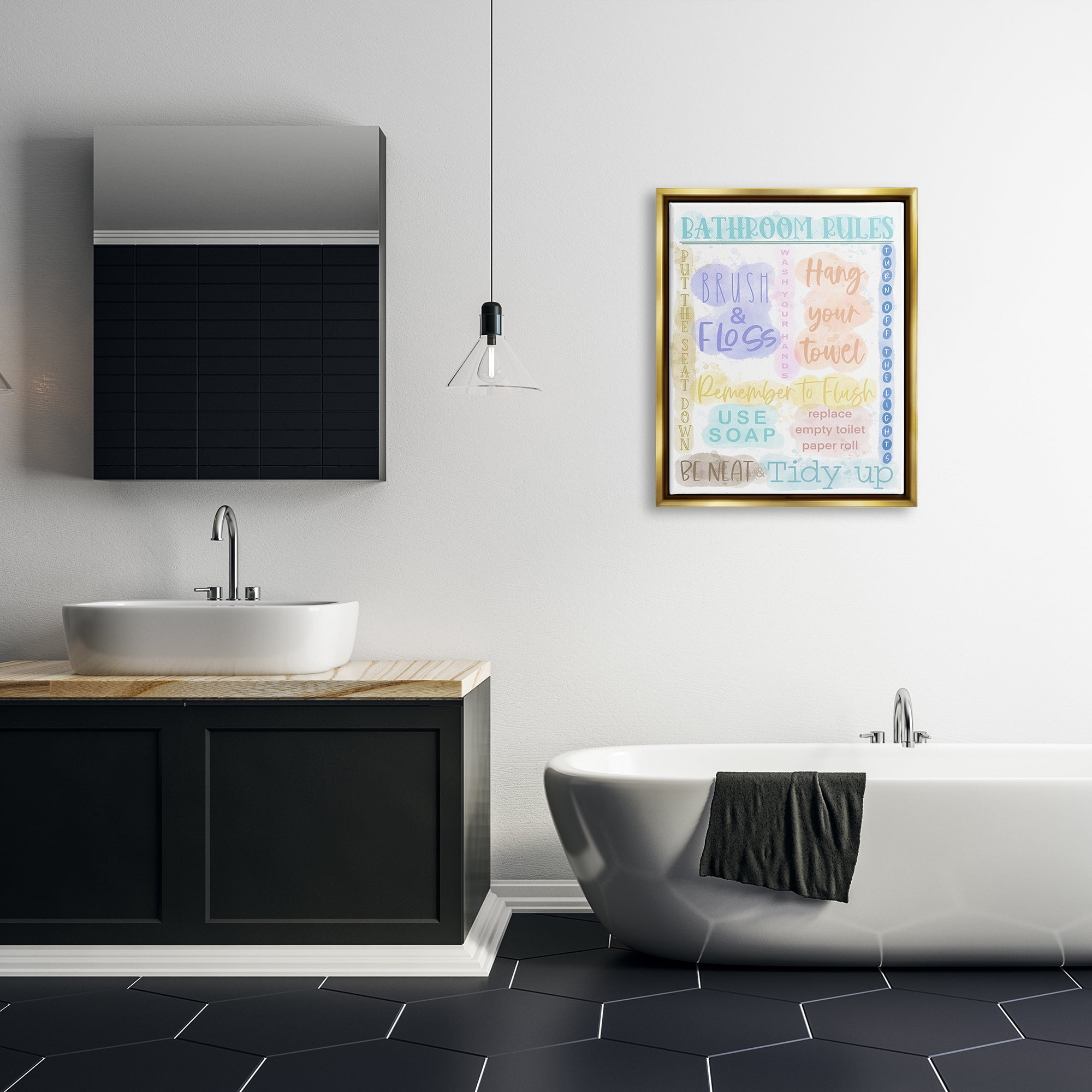 Stupell Industries Fun Bathroom Rules Typography Painting Gold Floater Framed Canvas Art Print Wall Art, 25 x 31