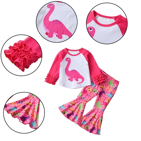 Esaierr Baby Toddler Girls Sweatshirt Clothes 2PCS Outfit,Cotton Dinosaur Print Pullover Sweatsuit Flared Pants Set Spring Autumn Tracksuit Casual Clothing for 9 Months-5 Years