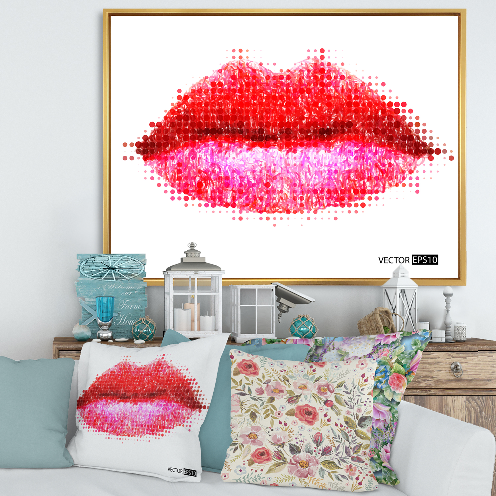 Abstract Red Woman Lips in Pixels 40 in x 30 in Framed Painting Canvas Art Print, by Designart