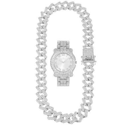 Ice on Blast! Bling'ed Out Hip Hop Rolly Looks w/Ice on Watch & Jewelry -Your Choice of Matching Zig Zag Bling'ed Out Necklace Set or Necklace & Bracelet Set - ZZ Sets (L0504 Shiny SLV ZZ Neck)