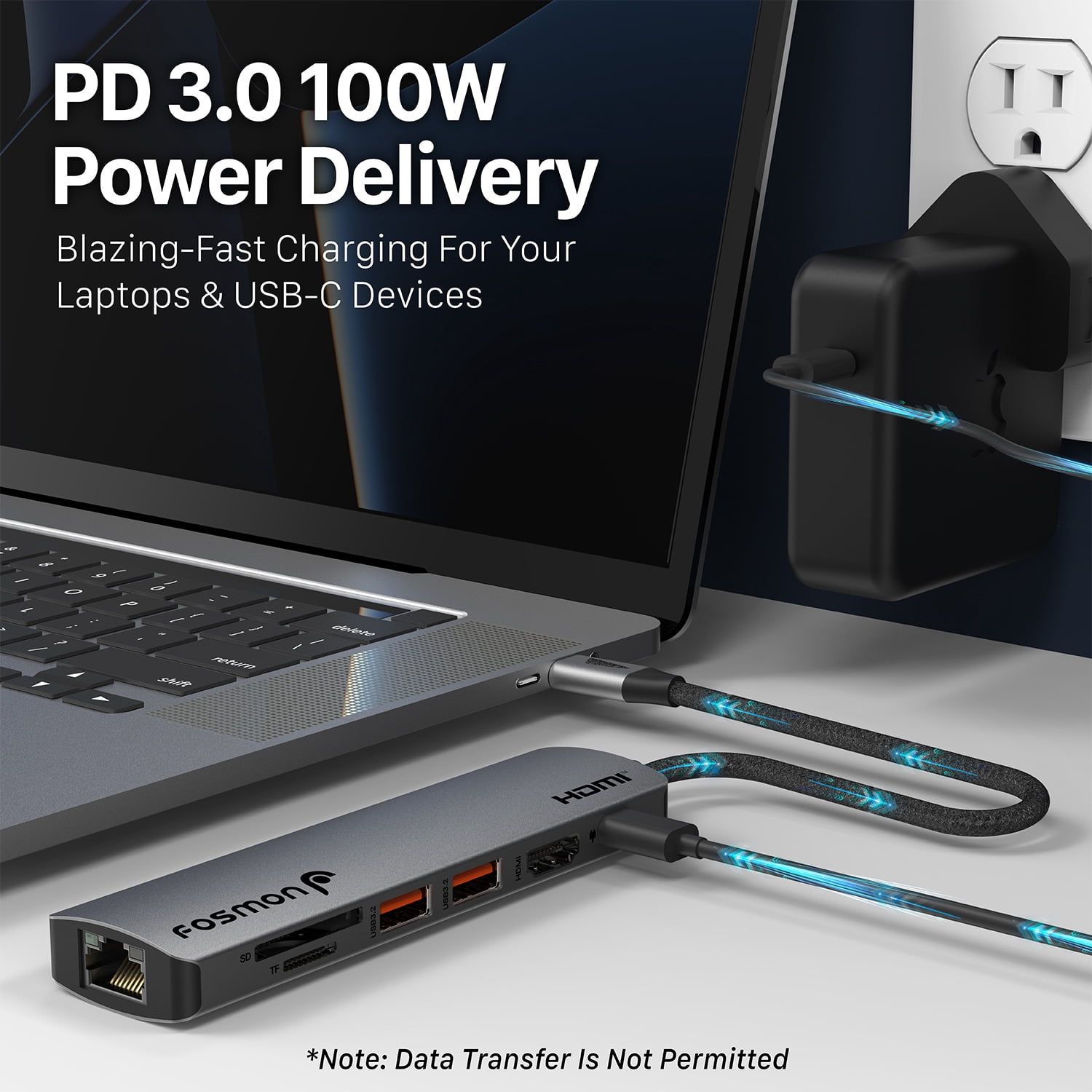 Fosmon 7-in-1 USB-C Hub, 4K 60Hz HDMI Adapter, 100W PD Charging, Dual USB 3.2 Gen 2 10Gbps Ports, Gigabit Ethernet, SD/TF Card Reader for MacBook, iPad, Chromebook