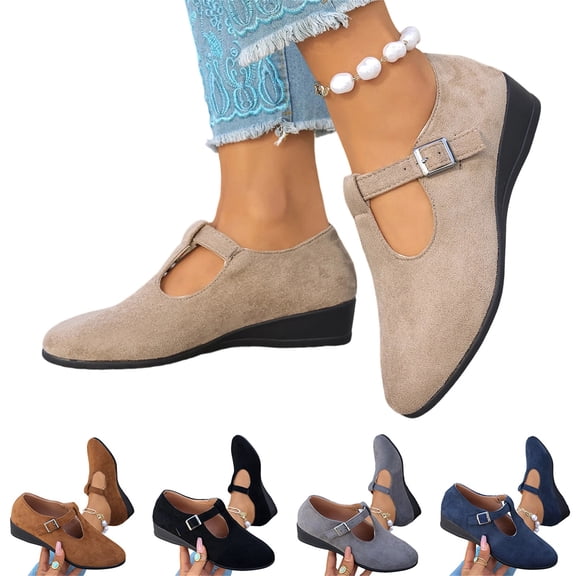 IEMIEMIEM Womens Slip On Shoes Low Wedge Heels Mary Jane Flats Fashion Suede Bowknot Round Toe Comfortable Casual Ballet Dress Shoes for Ballerina Office Work Walking Business Beige 9 Wide