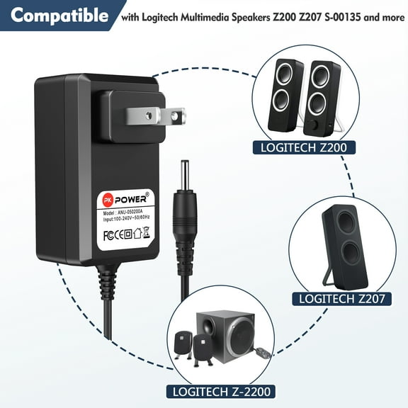 PKPOWER AC DC Adapter for Logitech Multimedia Speakers Z200 Z207 S-00135 880-000416 Z2200 2.0 PC Speaker 980-000800 980-000801 IL/RT6-12025-980-000801-UA ASUC12C-050150 Power Supply