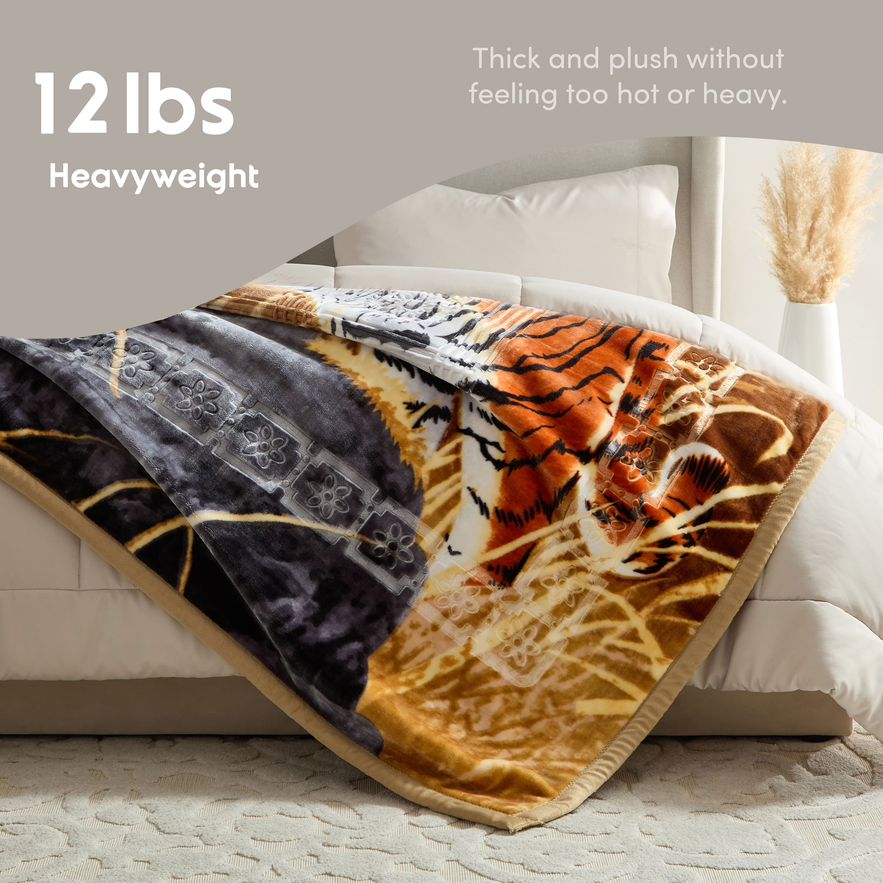 Lammaloe King Size Korean Mink Blanket for Winter, 12 lbs, 87" x 94", Heavy 2-Ply Warm Heavyweight Raschel Bed Blankets, Reversible Printed, Tiger