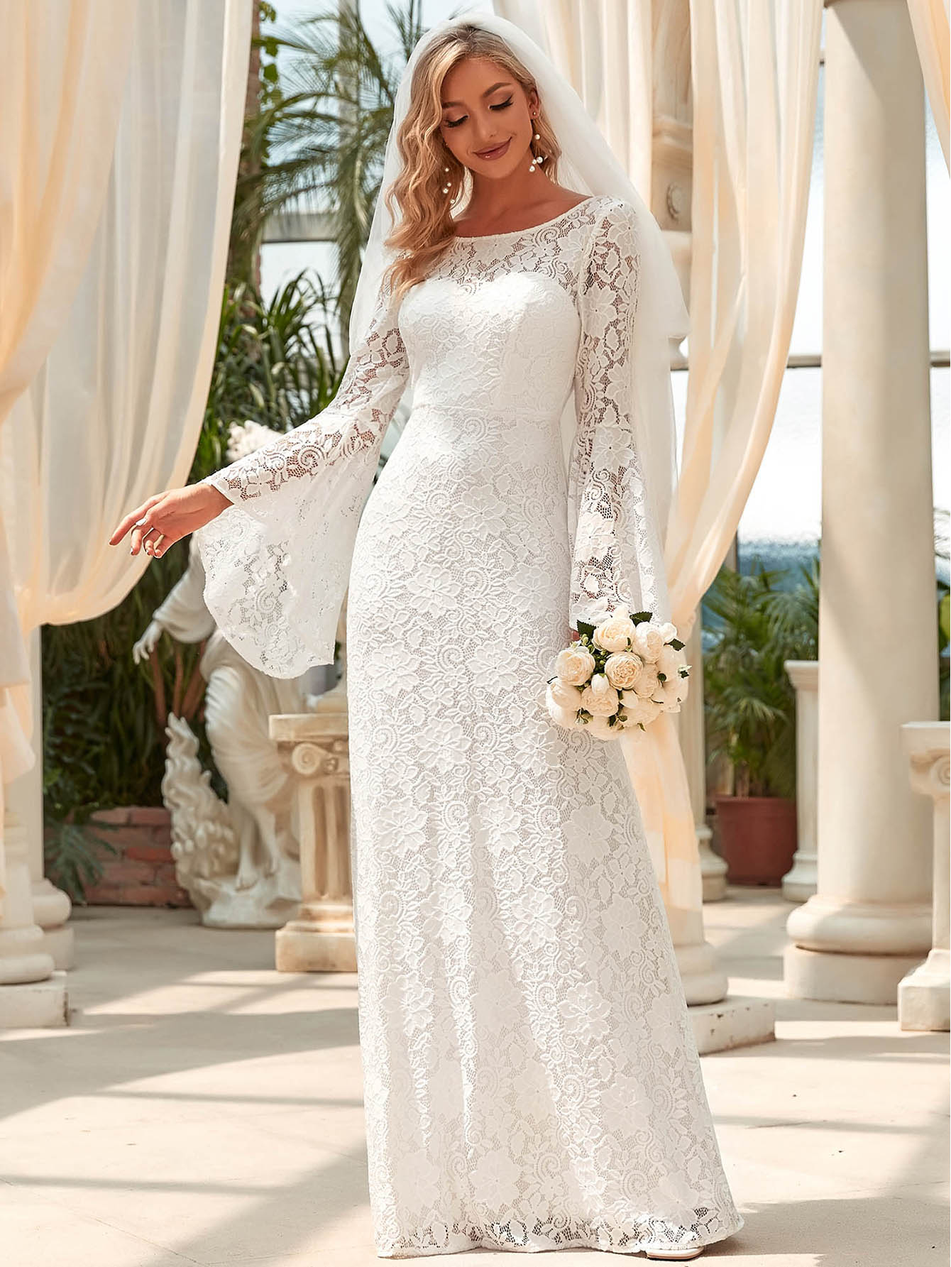 Flounce Sleeve Lace Wedding Dress 