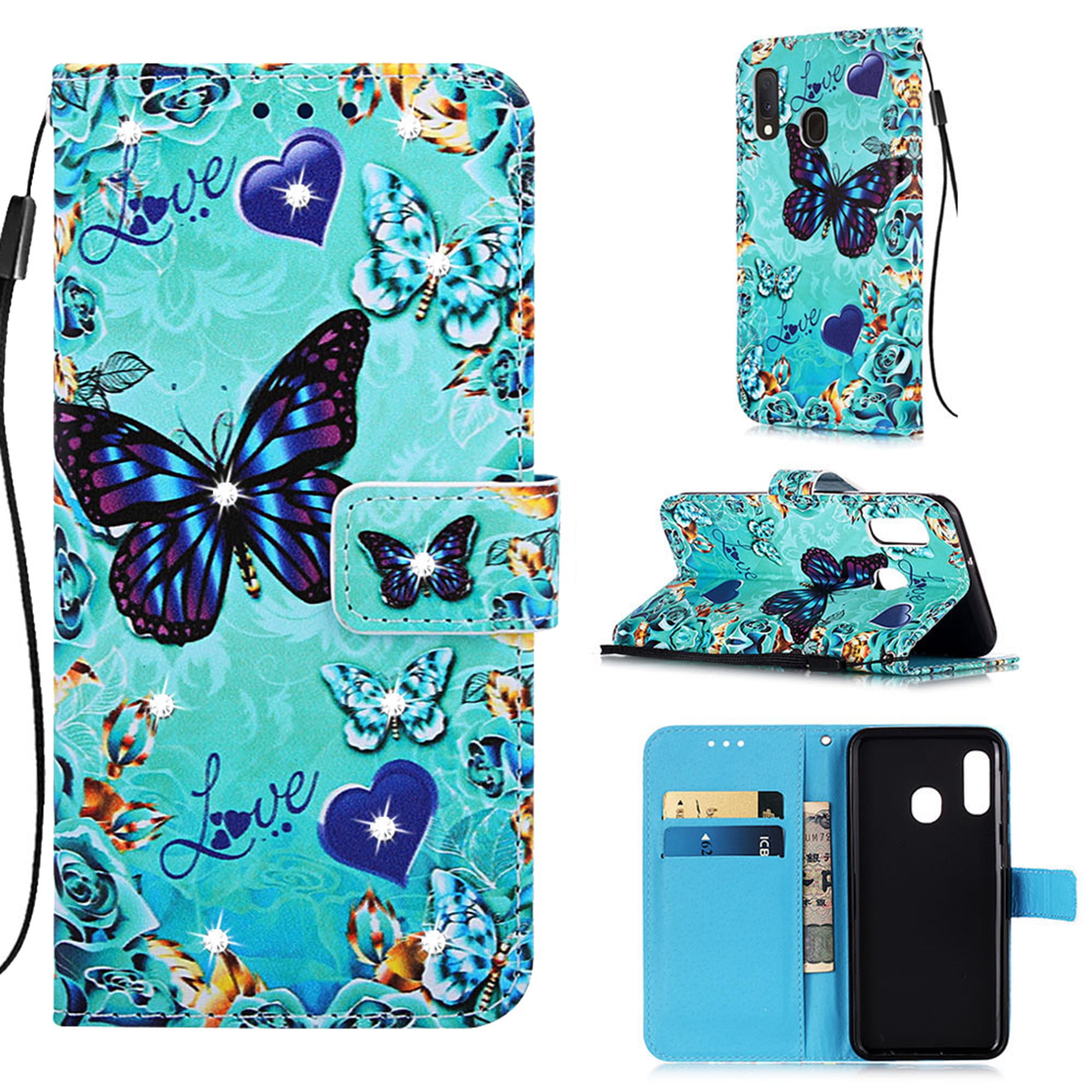 Bling Clear Crystal Diamond PU Leather Flip Notebook Wallet Case Embossed Buterfly Floral with Kickstand Card Holder Slot Protective Skin Cover for Samsung Galaxy A6 Blue Samsung Galaxy A6 Case