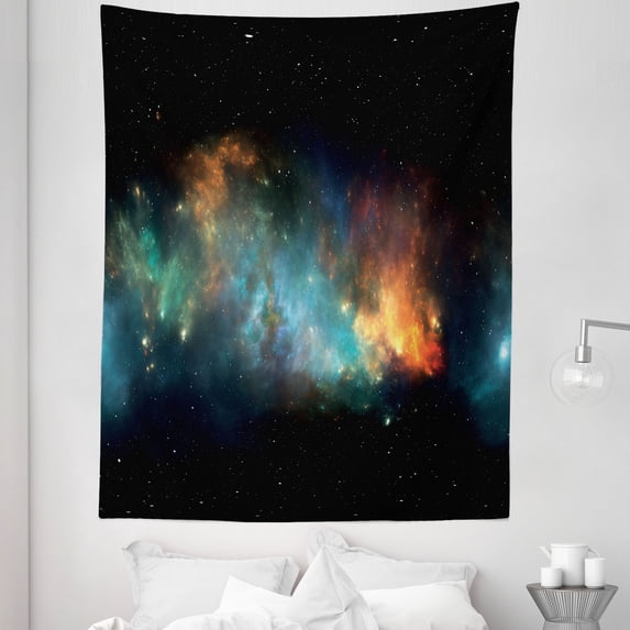 Starry Sky Tapestry, Stellar Scene with Gas Nebula and Space Environment Map Print, Fabric Wall Hanging Decor for Bedroom Living Room Dorm, 5 Sizes, Black Cadet Blue and Orange, by Ambesonne