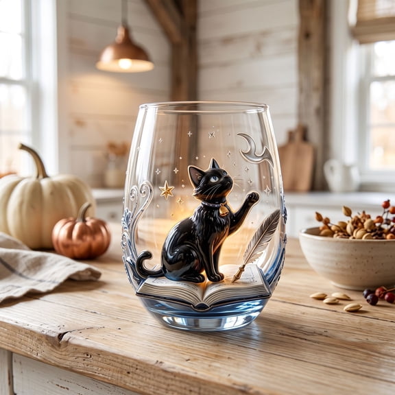 Halloween Stemless Wine Glass with Cat Witch Pumpkin Design, Handmade Clear Tumbler Cup for Holiday Party Table Decor.