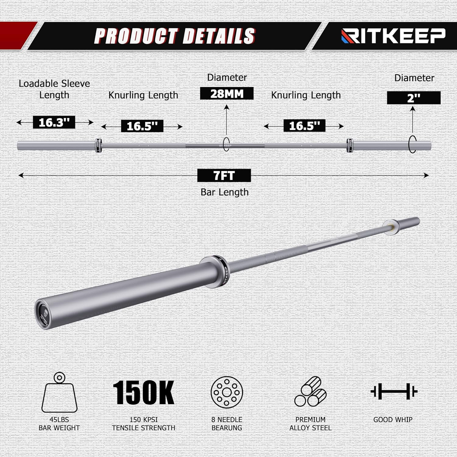 RitKeep 7ft Olympic Barbell Weight Bar 45 LB Bench Press Bar Work Out Equipment for Home 700 LBS Max Capacity Weightlifting