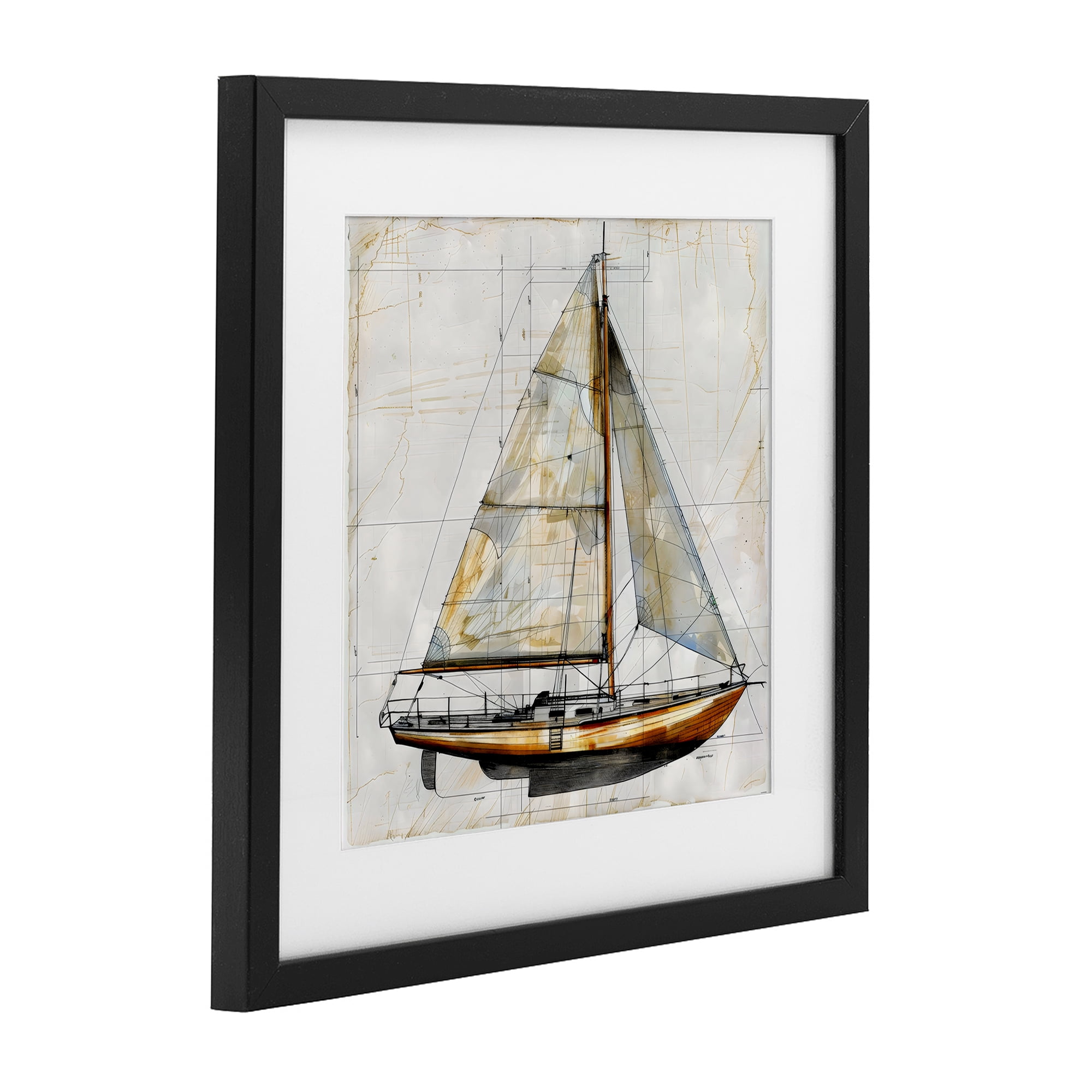 Stupell Industries Vintage Sailboat Drawing Blueprint Black Framed Print Under Glass, design by Creative Studio