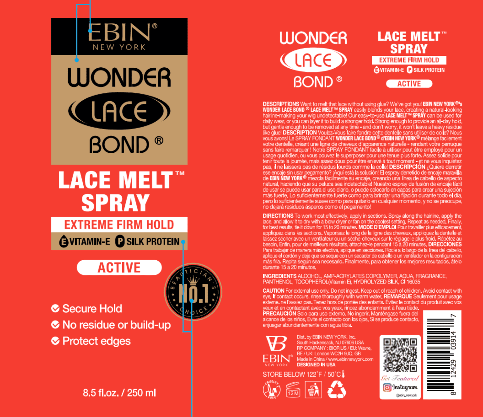 EBIN NEW YORK Wonder Bond Melting Spray 8oz/ 250ml - Extreme Firm Hold  (Active)  No Reside, Long Lasting Formula with Protecting Edges, Gives  Undetectable and Natural Look 