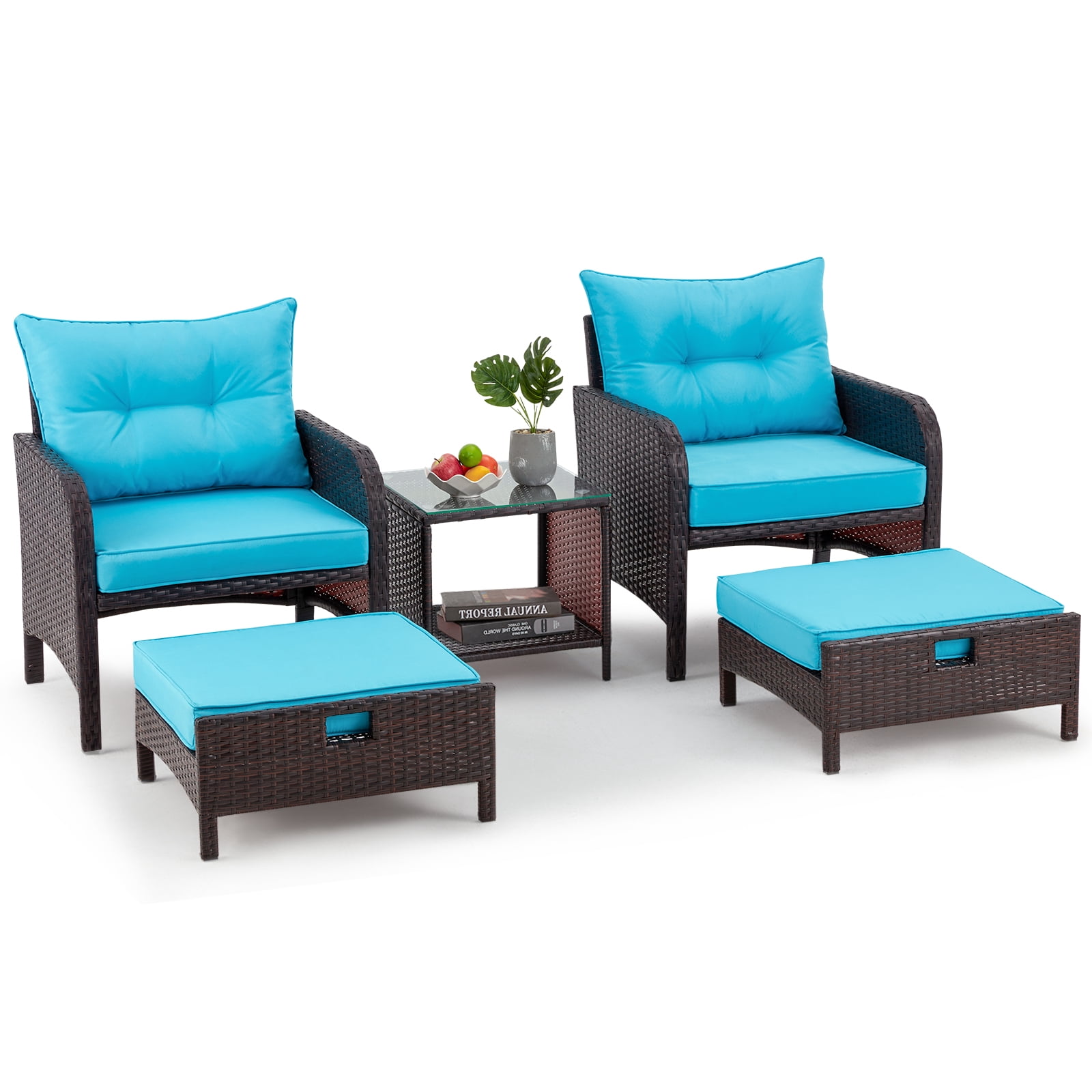 AVAWING 5 Pieces Patio Furniture Set, Outdoor Wicker Rattan Conversation Set with Ottoman & Table for Garden, Blue