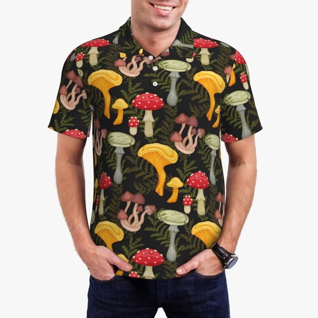 Fotbe Mushrooms And Fern Stems Camiseta Polo de Golf para Hombre con Estampado – Camisa Deportiva Transpirable con Cuello Abotonado-Large
