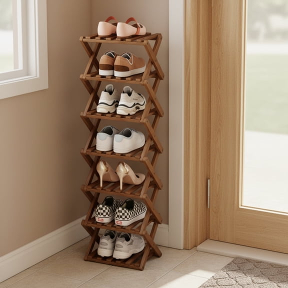YYuan 7-Tier Foldable Shoes Rack, Bamboo Shoes Organizer for Entryway,Closet, Bedroom, Free Standing Rack,Tawny