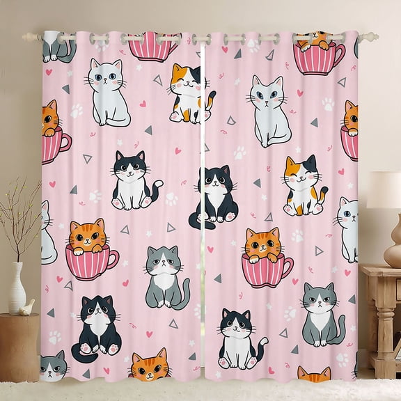 Manfei Kawaii Teacup Cat Blackout Curtains, Triangle Abstract Window Curtains Pack of 2 (38x45 Each), Pink
