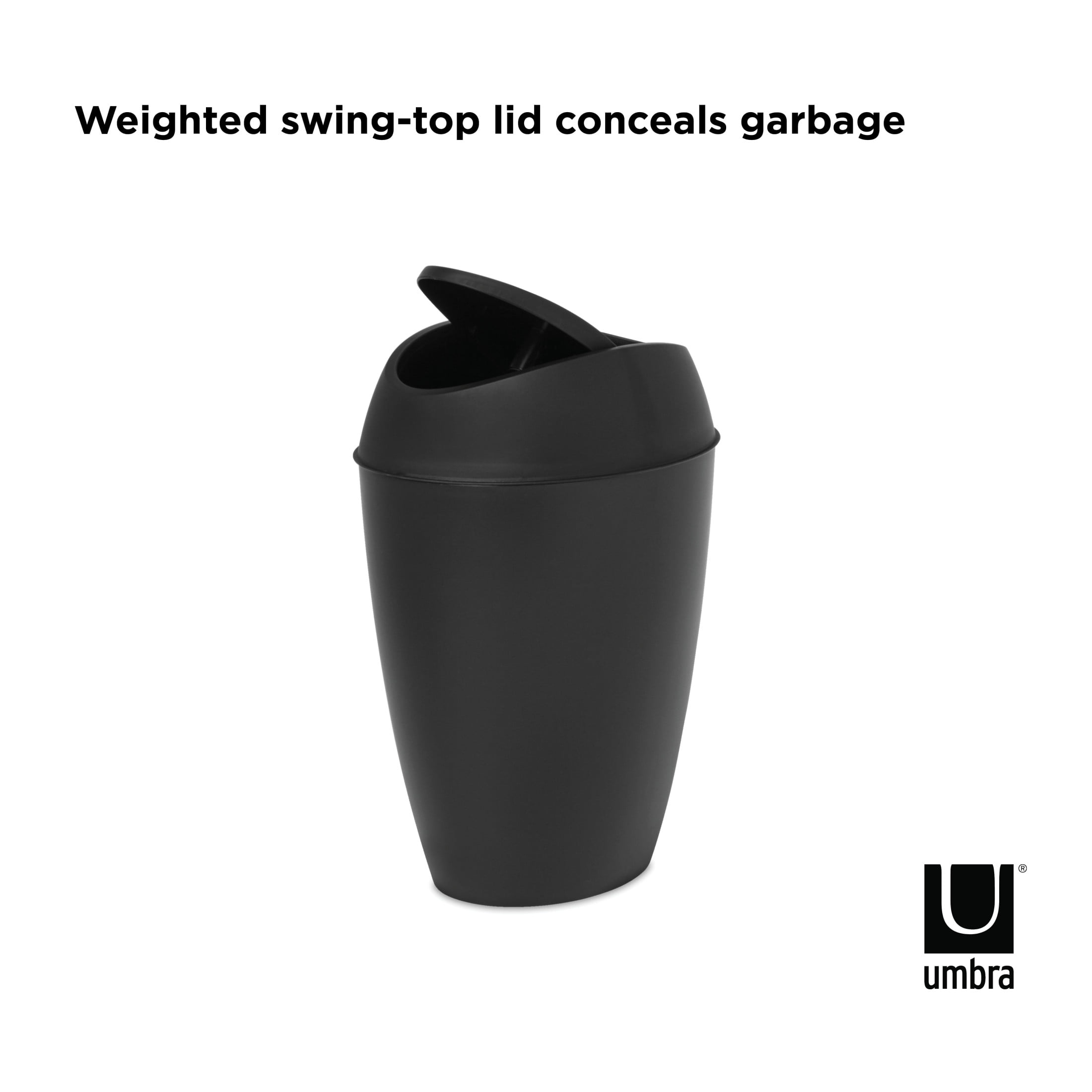 Umbra 2.4 gal Twirla Plastic Swing Top Lid Bathroom Trash Can Garbage Can, Black
