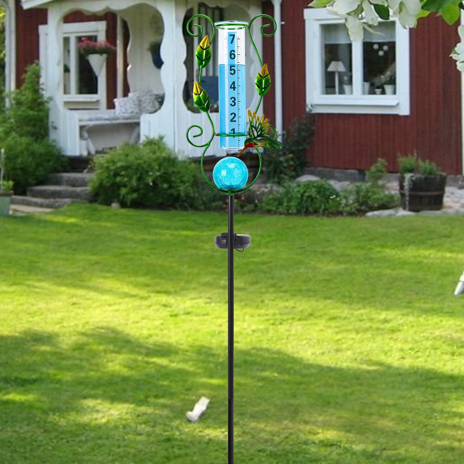Outdoor Hummingbird & Leaf Solar Rain Gauge,Crackle Glass LED Ball, Metal Garden Stake for Patio, Lawn & Outdoor Decor