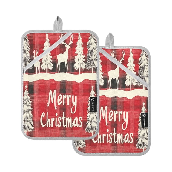 BZSMCE Pot Holder Oven Mitts Cooking baking Christmas Red Plaid Painting with Reindeer Creative Pattern Size:7x9.8in