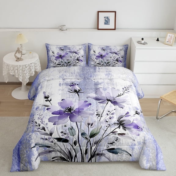 Erosebridal Purple Groovy Bedding Sets King with Comforter, Watercolor Flower Duvet Insert, Daisy Floral Comforter Sets King Size, Breathable Room Decor, 3 Pieces