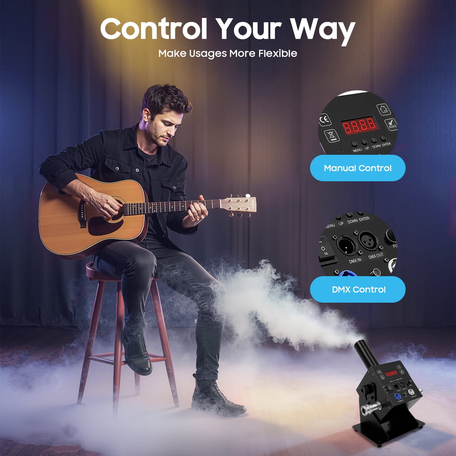 LED CO2 Jet Machine, 250W 6 Channels Angle Adjustable Smoke Machine Fogger Smoke Cannon Portable DJ Air Fog Machine with DMX Control for Bars Stage Plays Live Performances