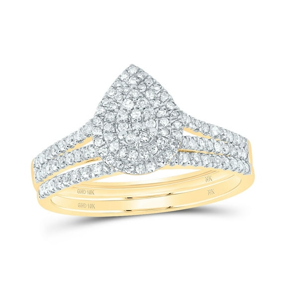 10kt Yellow Gold 3/8 Cttw Natural Diamond Pear Double Halo Wedding Engagement Anniversary Bridal Set, Women Size: 5-9