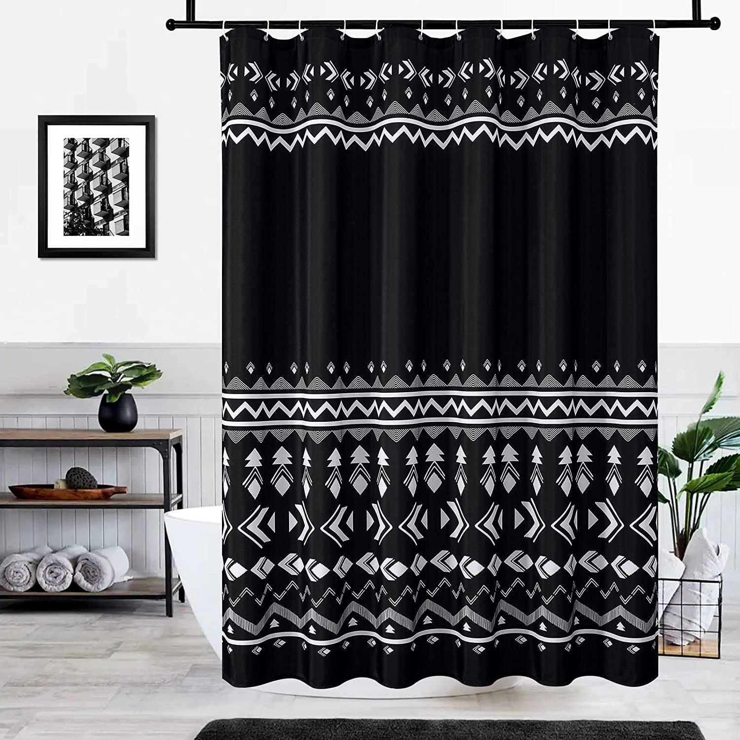 Black Long Shower Curtain 72 x 84, 84 inch Shower Curtain Set with Hooks, Boho XL Shower Curtain