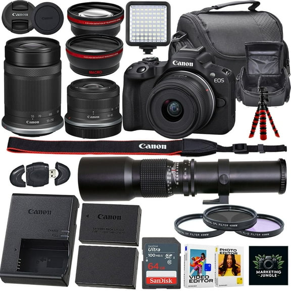 Canon EOS R50 Mirrorless Camera w/Canon RF-S 18-45mm f/4.5-6.3 is STM Lens   Canon RF-S 55-210mm f/5-7.1 is STM Lens   500mm Lens (Manual)  Extra Battery   64GB Memory   More (21pc Bundle)