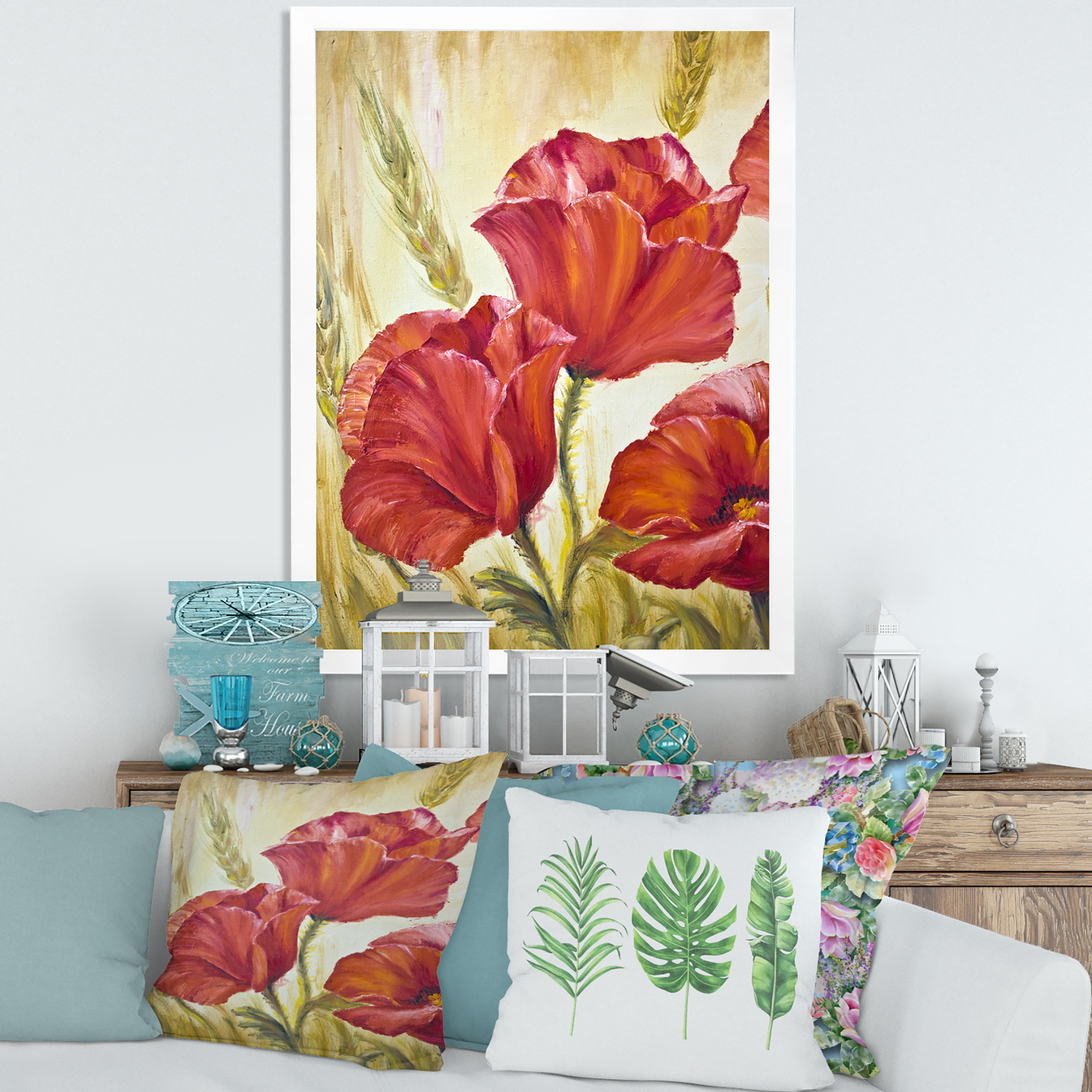 Designart 'Blossoming Red Poppies In Wheat Fields II' Traditional Framed Art Print