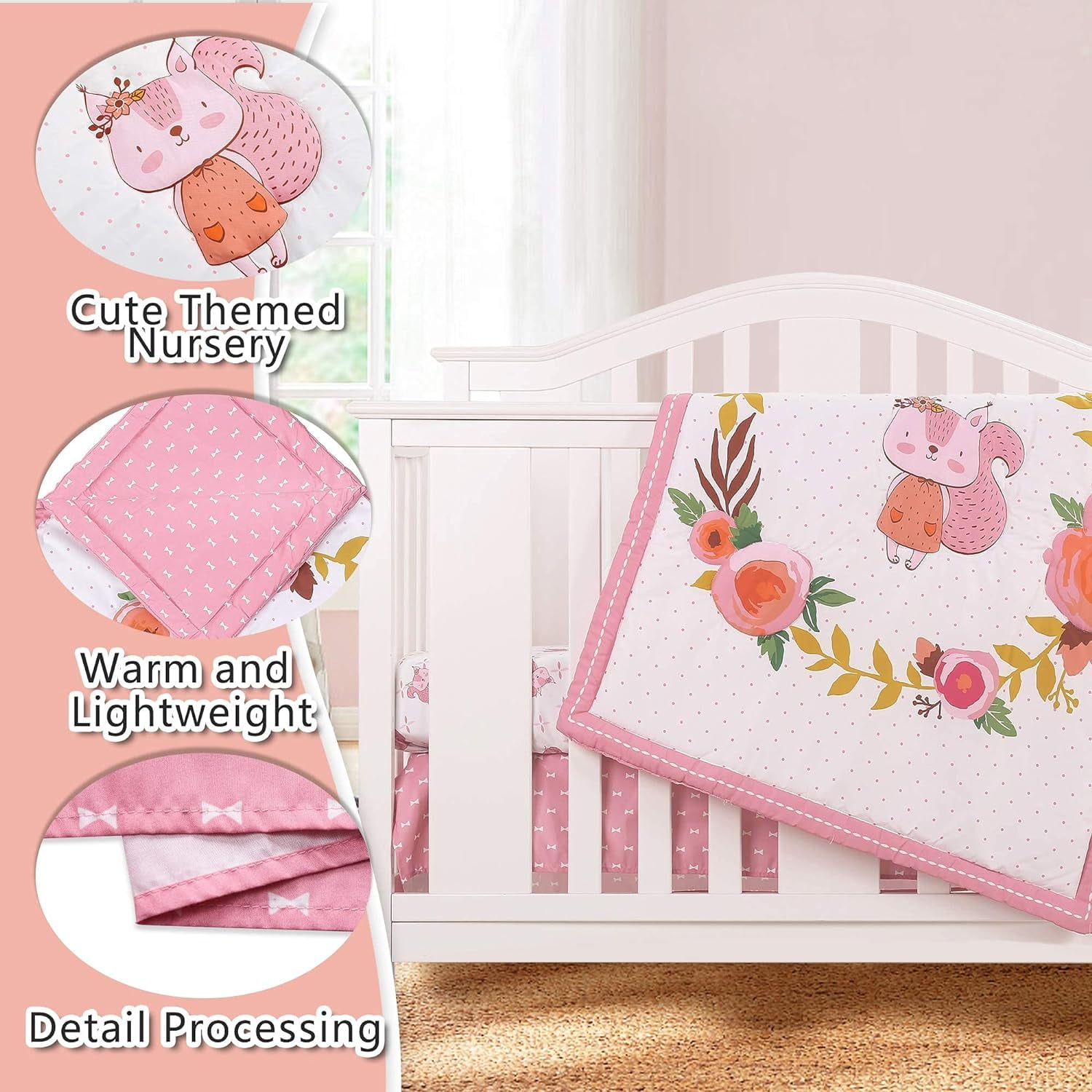 Sweet Baba Pink & White Crib Bedding Sets for Girls 3 Pcs, Squirrel Baby Crib Bedding Set Including Crib Quilt/Crib Skirt/Crib Sheet