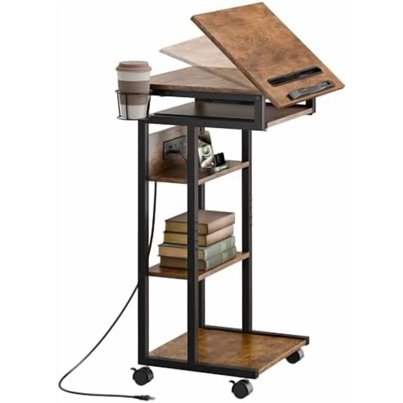 Couch Table with Charging Station and Storage Shelves 360°Swivel End Table with Shelves and Wheels C Shaped End Table for Laptops Tv Tray Side Table for Living Room Bedroom Rustic$$Furniture