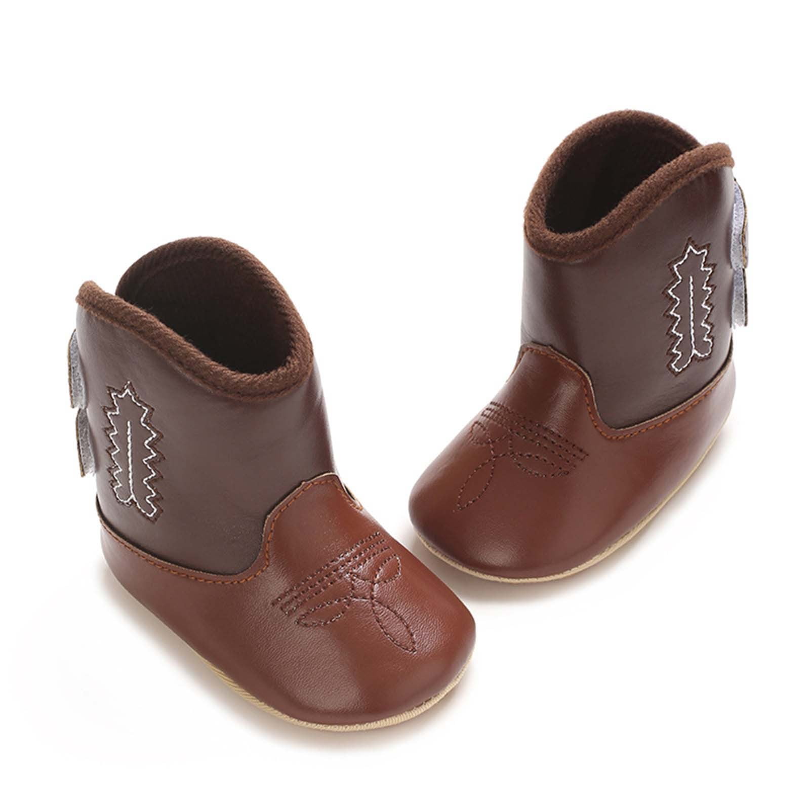 Povozer Western Boots Cowboy Bootie Soft Sole Non-Slip Crib Shoes for Baby(Coffee,12-18M)