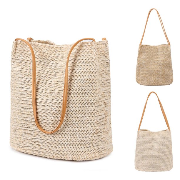 Bolso de playa de paja Luxtrada, bolso de mano tipo cubo, bolso de hombro, bolso de mano para mujer, bolso de verano, color beige claro