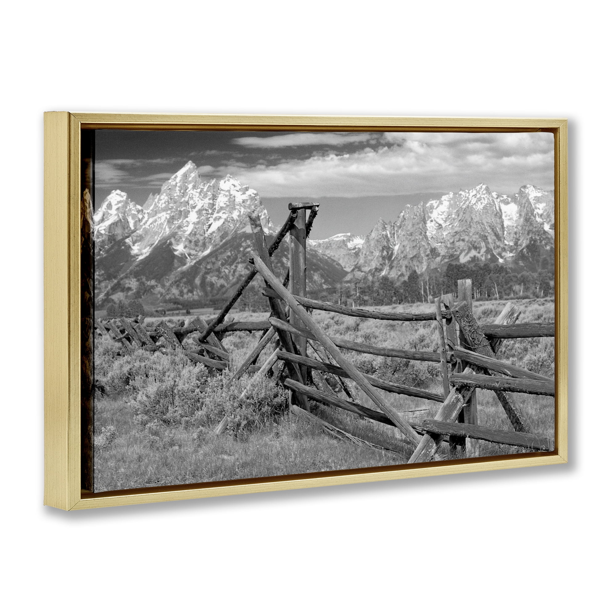 Grand Tetons Mountains & Fence Gold Framed Floater Canvas Wall Art, design by MJ Photography