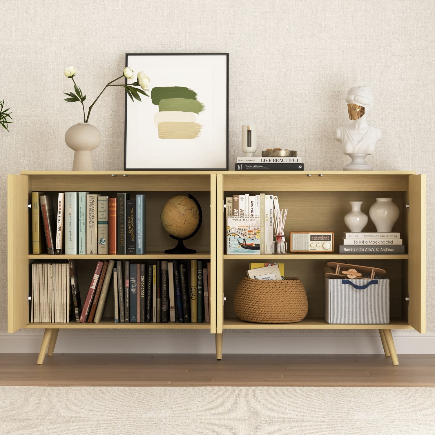 59.1" Sideboard Buffet Cabinet with Storage, 4 Door Credenza Cabinet with Adjustable Shelves, Wood Coffee Bar Console Cabinet for Kitchen Dining Room Living Room, Natural