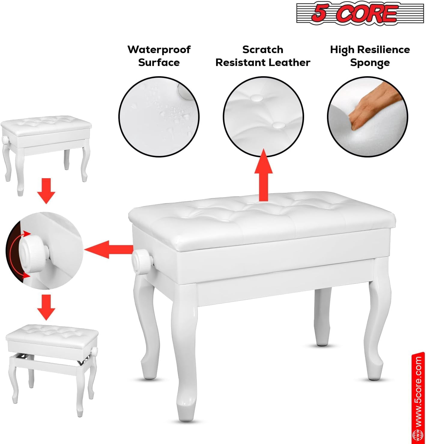 5 Core Piano Bench Wooden Height Adjustable Stool Heavy Duty Keyboard Seat with Storage WHITE