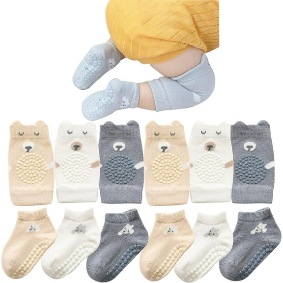Unisex Baby Crawling Anti-Slip Knee Pads and Socks Set,Save Toddler Boy Girl 3-9-18 Months Knee and Ankle
