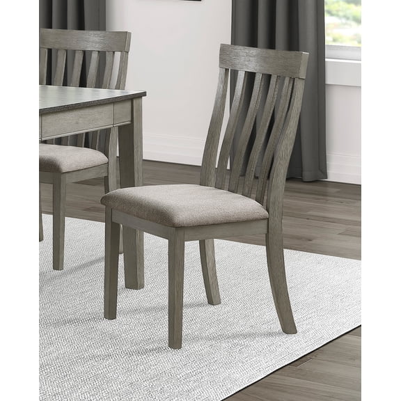 Set of 2 Dining Room Side Chairs with Vertical Slat Back, Wire Brushed Light Gray Finish, Wooden Frame for Kitchen or Dining Area