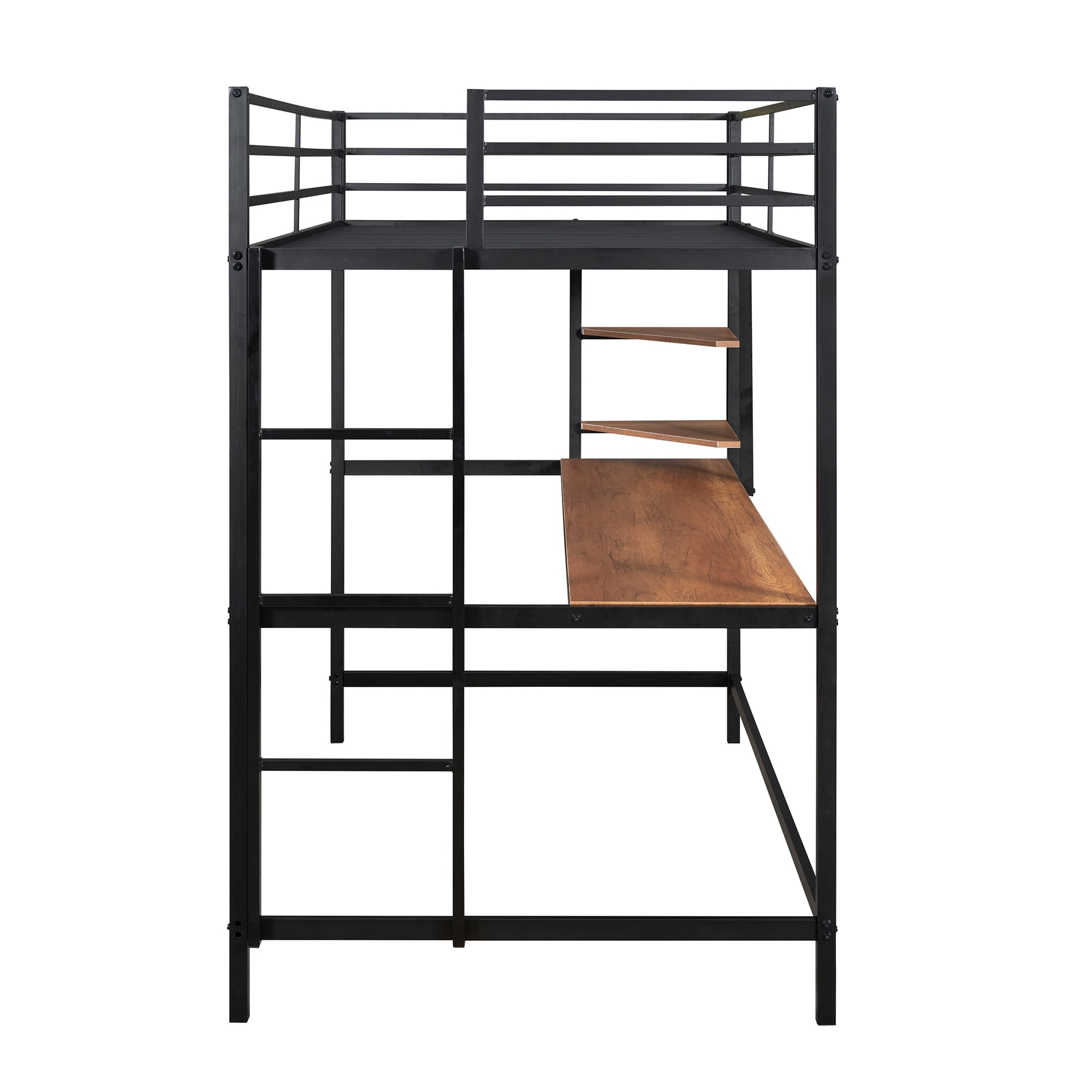 Gewnee Twin Heavy Duty Metal Loft Bed Frame  with Desk and Shelves ,Ladder and Full-Length Guardrail,Black