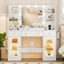 PUFFCAFE Vanity Desk with Mirror and Lights,Dressing Table with RGB Cabinets & Charging Station,47.24 Large White Vanity