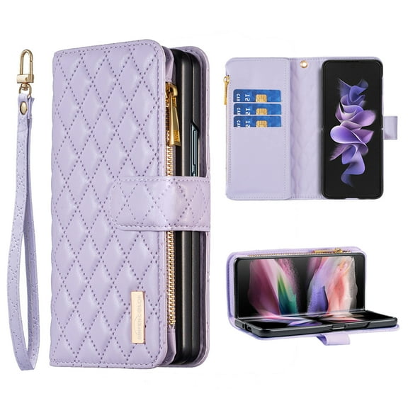 for Z Fold 4 Women Wallet Case, Magnetic Leather Purse Zipper Wallet Folio Flip Credit Card Coin Case Stand with Wristp Hand Strap Lanyard Compatible with Samsung Galaxy Z Fold 5 5G 2022, Purple
