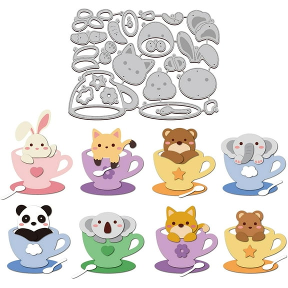 Cup Animal Cutting Dies Teacup Animal Embossing Stencil Template Cat Bear Rabbit Carbon Steel Stencil Template Metal Die Cuts for Card Making Scrapbooking Photo Album Decor DIY